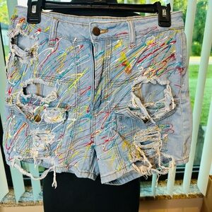 Aphrodite AP Blue Frayed Shorts Destruction Yellow Blue Paint Splash Size 30